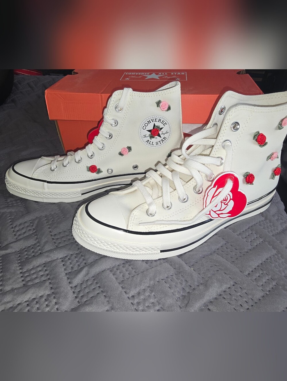 Converse White High-Top Sneakers with Pink & Red Rose Accents